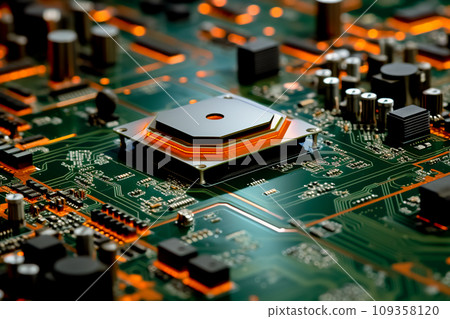 A close-up of a circuit board reveals the minuscule computer chip at its core. Generative AI 109358120