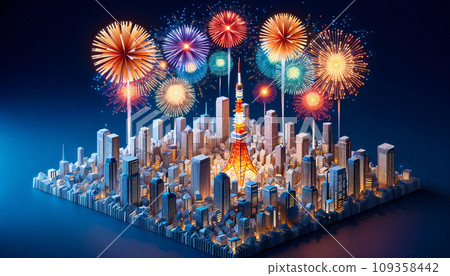 Origami Fireworks over Tokyo Tower at Night Origami Fireworks over Tokyo Tower at Night 109358442