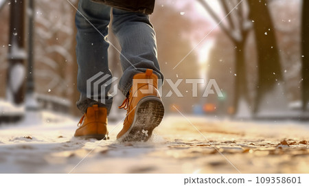 Person walking through blizzard with ice and snow. Generative AI Person walking through blizzard with ice and snow. Generative AI 109358601