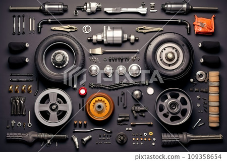 Set of auto spare parts. Top view. Generative AI. Set of auto spare parts. Top view. Generative AI. 109358654