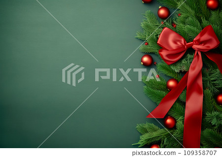 Christmas composition. Christmas fir tree branches on green background. Flat lay, top view. Copy space.  Generative AI 109358707