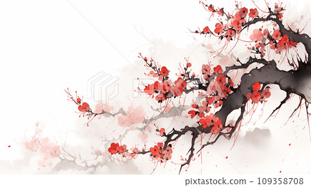 手绘唯美的中国风水墨春天盛开梅花插画 109358708