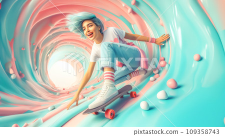 Happy woman on a skateboard in a candy tunnel virtual space. Metaverse sports concept. Happy woman on a skateboard in a candy tunnel virtual space. Metaverse sports concept. 109358743