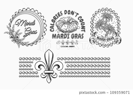 Carnival Mardi Gras labels with Fleur de Lis, holiday food, party streamers, strings of beads, text Vintage illustrations on white background For prints, clothing, t shirt, holiday goods, stuff design 109359071
