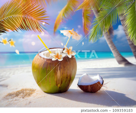 Tropical coconut cocktail on a sandy beach with turquoise ocean water 109359183