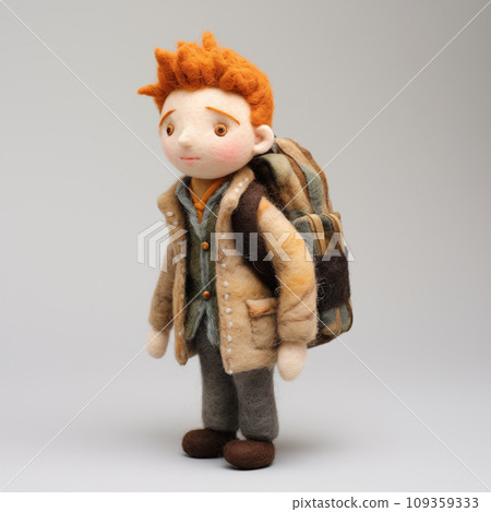 Unhappy white boy in a jacket with a backpack. Felted school kid full body portrait isolated on gray. AI-generated Unhappy white boy in a jacket with a backpack. Felted school kid full body portrait isolated on gray. AI-generated 109359333