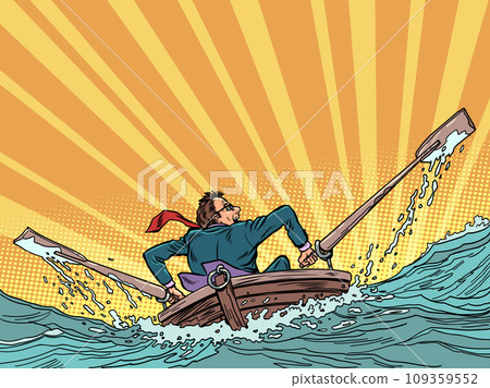 Rushing away from problems. An office employee sails off on a boat into the sunset. Severe emotional state in everyday work. Pop Art Retro Rushing away from problems. An office employee sails off on a boat into the sunset. Severe emotional state in everyday work. Pop Art Retro 109359552