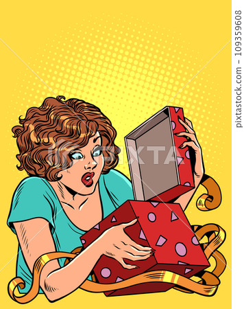 Celebrating important days and events. A woman opens a gift box. A Christmas gift can also be for a birthday. Pop Art Retro 109359608