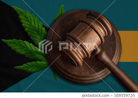 Flag of Bahamas and justice gavel with cannabis leaf. Illegal growth of cannabis plant and drugs spreading. Flag of Bahamas and justice gavel with cannabis leaf. Illegal growth of cannabis plant and drugs spreading. 109359720