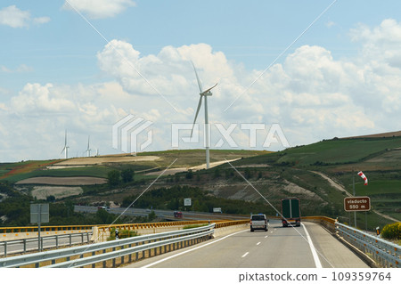 Windmills, wind turbines for electricity production in Spain. 109359764