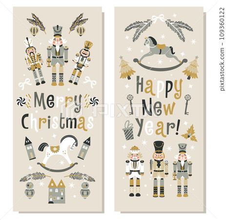 Happy New Year Nutcrackers Vector banners set on Light Background. Postcard. Childish rocking horses. Christmas illustration. 109360122