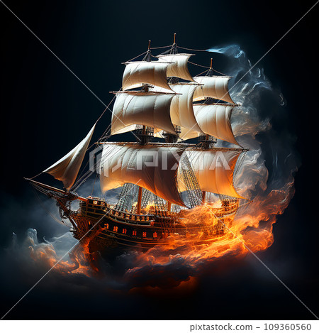 Vintage retro sailing ship in smoke, foam and spray on a black background, beautiful sea background Vintage retro sailing ship in smoke, foam and spray on a black background, beautiful sea background 109360560