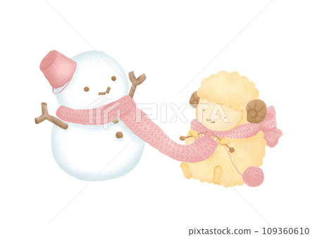 一隻羊給雪人編織圍巾的水彩插圖 109360610