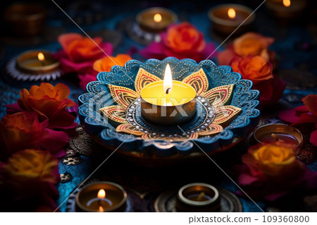 Oil lamps and candles lit on street at night during diwali celebration 109360800