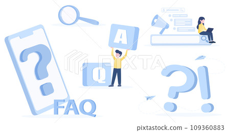 FAQ, Question and answer collection set. Big question mark symbol, ask question, answer, problem solving, surveys, searching, help, support, explore. Flat vector design illustration. 109360883