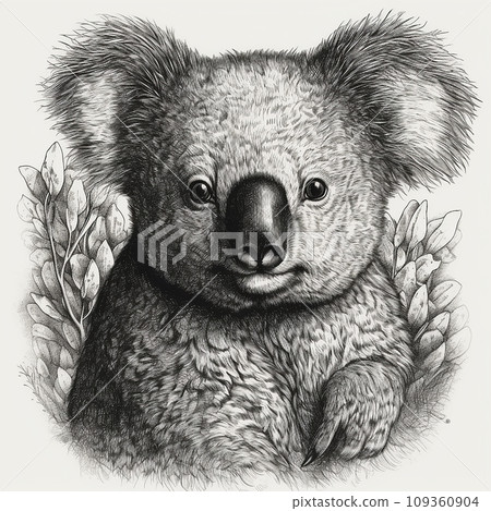 Koala, Phascolarctos cinereus, australian marsupial eucalyptus bear, cute animal, black and white drawing, portrait, engraving style 109360904