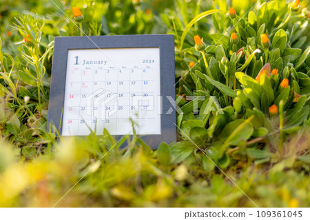 草地上的桌歷 2024 年曆放置在戶外 草地上的桌歷 2024 年曆放置在戶外 109361045