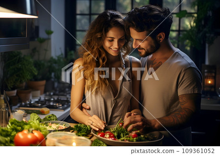 A male and female couple are having fun cooking together. Smiling faces in a clean classy kitchen. It is a life in which many People are probably looking for it. Whether it's a couple or a nice house. 109361052
