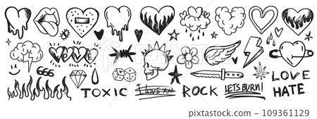 Doodle grunge rock set, hand drawn vector graffiti groovy punk print kit, emo gothic heart sign.  109361129