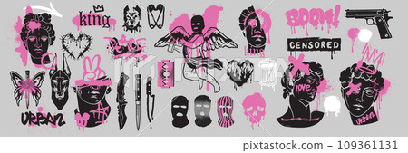 Street spray graffiti element set, grunge sticker kit balaclava, vector retro urban ghetto print. 109361131