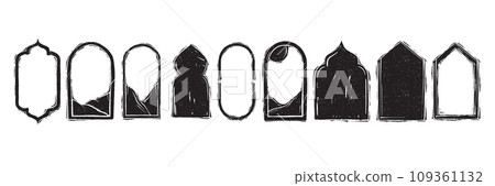 Arch linocut frame, arabic vignetting print, vector islamic boho traditional border collection.  109361132