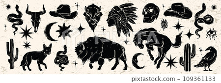 Linocut western boho set, Texas desert engraving print collection, vector canyon wildlife, cactus. Linocut western boho set, Texas desert engraving print collection, vector canyon wildlife, cactus. 109361133