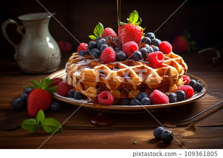 Belgian waffles with berries and honey Belgian waffles with berries and honey 109361805