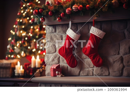 fireplace decorate with red sock for Christmas festival. Generative AI 109361994