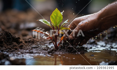 Closeup Volunteer hand planting potted plant. Generative AI Closeup Volunteer hand planting potted plant. Generative AI 109361995
