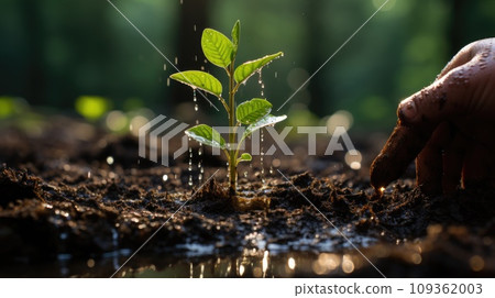 Closeup Volunteer hand planting potted plant. Generative AI 109362003