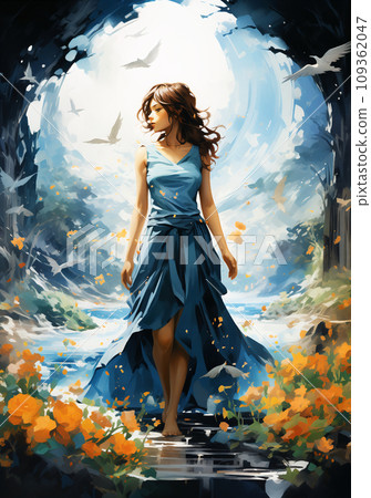 Beautiful woman standing in nature (AI generated image, AI image, AI illustration) 109362047