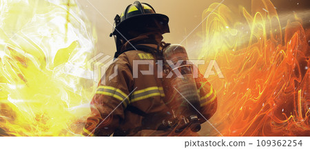 Firefighter extinguishing fire using a hose. Firefighter extinguishing fire using a hose. 109362254