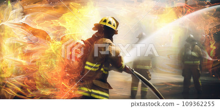 Firefighter extinguishing fire using a hose. 109362255