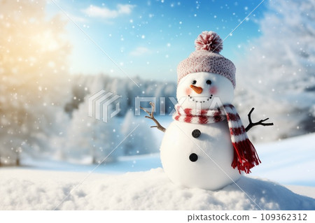 Happy snowman standing in winter landscape Merry Christmas and New Year greeting card with copy space text by Generative AI 109362312