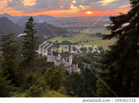 Aerial view of Neuschwanstein Castle at sunset, Germany 109362318