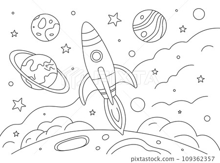 Coloring page with rocket and planets in space. Coloring page with rocket and planets in space. 109362357