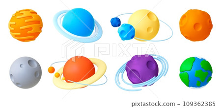 Planet 3d elements. Space abstract planets realistic plastic design. Moon and saturn, mars and earth. Isolated universe pithy vector collection 109362385