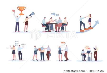 Company business ethics, employees relationships on works. Management and organization, corporate polite and company police kicky vector scene Company business ethics, employees relationships on works. Management and organization, corporate polite and company police kicky vector scene 109362387