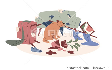 Puppy behavior problem. Dog destroyed tools and furniture. Sad pet and damaged interior objects. Naughty animal kicky vector cartoon scene Puppy behavior problem. Dog destroyed tools and furniture. Sad pet and damaged interior objects. Naughty animal kicky vector cartoon scene 109362392