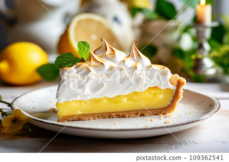 Slice of delicious lemon pie with soft cream filling and toasted meringue topping on kitchen table background. Generative AI Slice of delicious lemon pie with soft cream filling and toasted meringue topping on kitchen table background. Generative AI 109362541