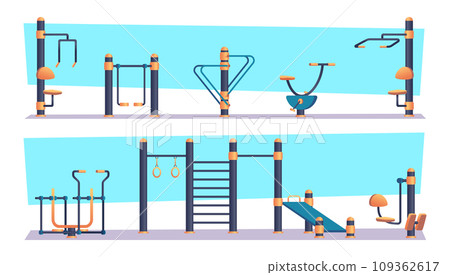 Outdoor workout. Gym machine in urban park exact vector sport equipment 109362617