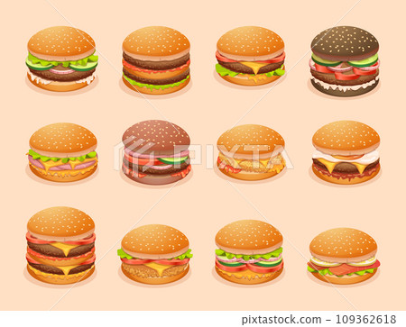 Burger. Cartoon fast food burgers with different ingredients exact vector illustrations 109362618