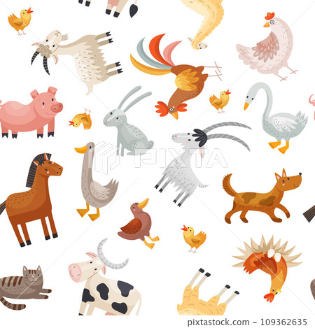 Farm animals pattern. domestic animals geese ducks cows pigs. Vector seamless background 109362635