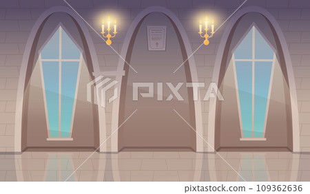 Cathedral interior. window in gothic interior church. Vector cartoon background 109362636