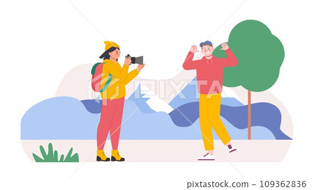 Girl taking photo boyfriend on nature. Sport hiking, travellers with backpack. Young photographer, happy guy doing content, vector scene 109362836