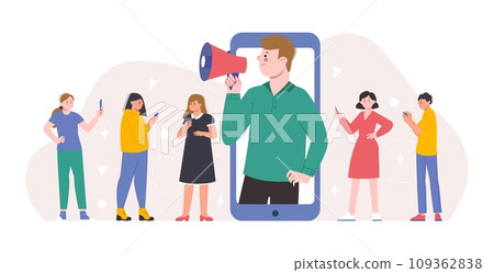 Social media celebrity. Influencer effect and social marketing worker. Young people using smartphones, digital addiction splendid vector scene Social media celebrity. Influencer effect and social marketing worker. Young people using smartphones, digital addiction splendid vector scene 109362838