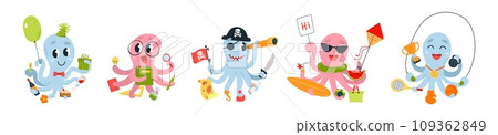 Cartoon octopus multitasking characters. Party, scientist, pirate and athletic marine character. Various octopuses, wild ocean classy vector set 109362849