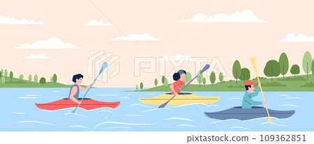 Canoeing and kayaking competition. People riding boats on river or sea. Wild recreation or hiking, forest family friends resting, recent vector scene Canoeing and kayaking competition. People riding boats on river or sea. Wild recreation or hiking, forest family friends resting, recent vector scene 109362851