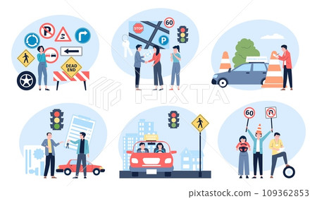 Driving lessons at school. People study drive rules and signs, giving license and prepare to examinations. New drivers with instructors, recent vector scenes 109362853