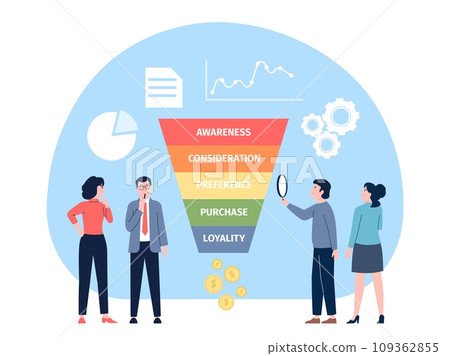 Marketing funnel concept. Business process convert followers into customers and buyers in social media. Strategy and tactics recent vector scene Marketing funnel concept. Business process convert followers into customers and buyers in social media. Strategy and tactics recent vector scene 109362855
